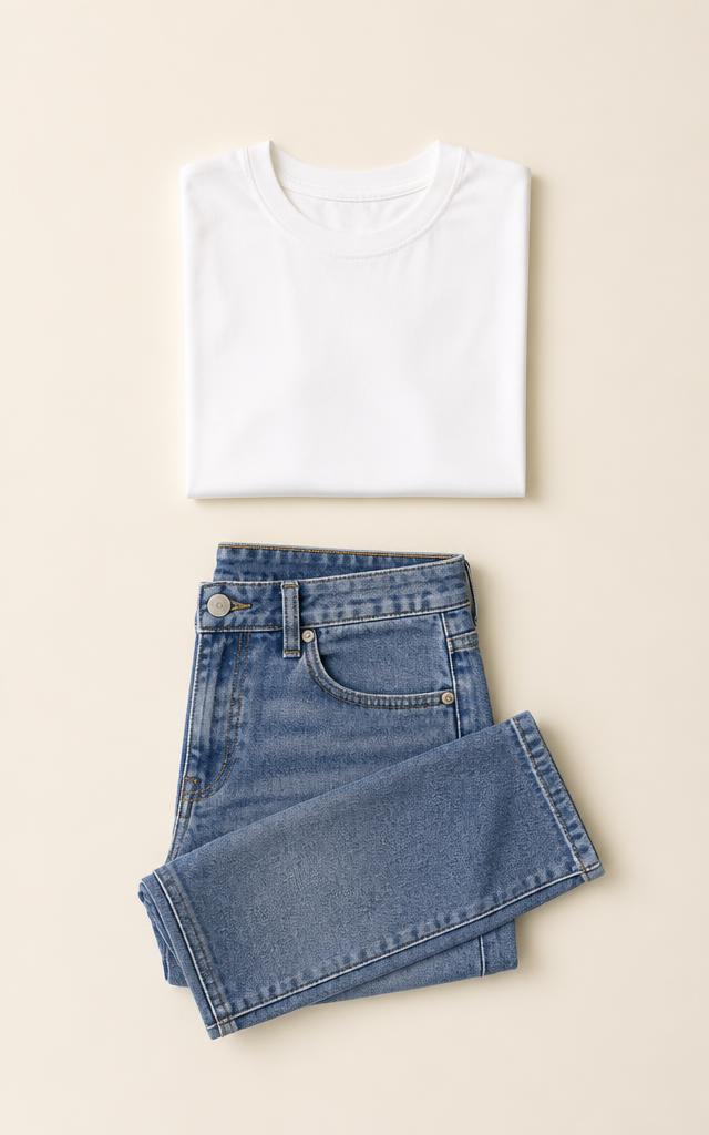 Camiseta blanca básica y vaqueros azules rectos